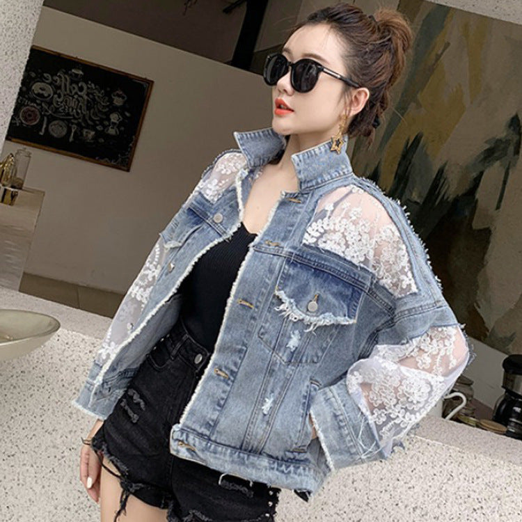 Denim Short Jacket Women Trendy Fashion Casual Lace Stitching Loose Sun Protection Clothing