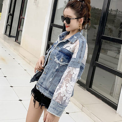 Denim Short Jacket Women Trendy Fashion Casual Lace Stitching Loose Sun Protection Clothing